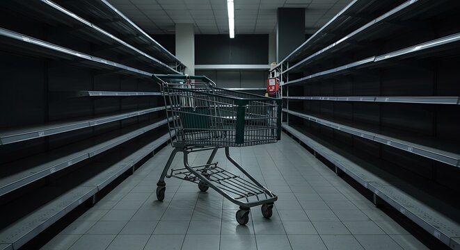 Empty Supermarket Aisle with Shopping Cart, Dark Lighting, and Empty Shelves