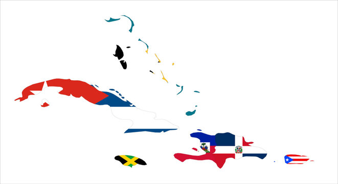 Flag map outline shape of Caribbean Greater Antilles and Bahamas. Flags of countries fill the shapes with their colors. Symbol of regional cooperation, identity and partnership