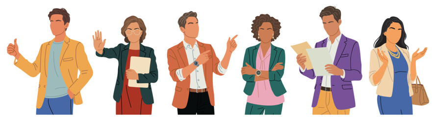 Fototapeta premium Set of professionals in casual business attire using confident gestures, representing communication, enthusiasm, collaboration and professional energy for corporate and educational designs.