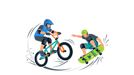 Fototapeta premium Extreme sports concept, BMX bicycle, skateboard, helmet, protective gear and energetic motion lines, clean flat vector, large negative space, copy space, commercial stock illustration, white backgroun