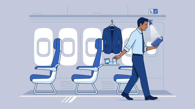 Businessman Traveling on Airplane, Reading Book, Isolated