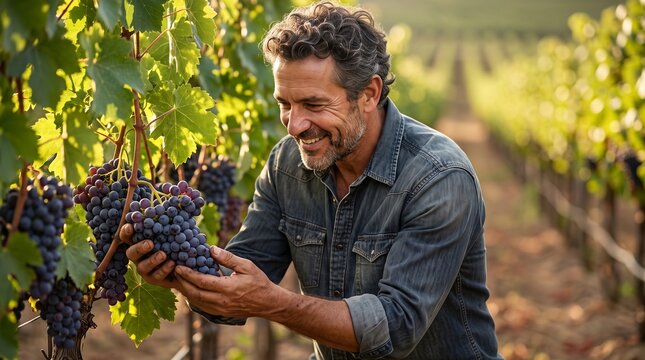 wine maker inspecting grapes, Middle-aged man harvesting grapes in vineyard at sunset