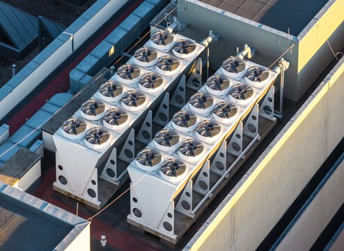 Aerial view of industrial cooling units on the roof of the data centre at Morasko Campus in Poznan, Greater Poland Voivod, Poland.