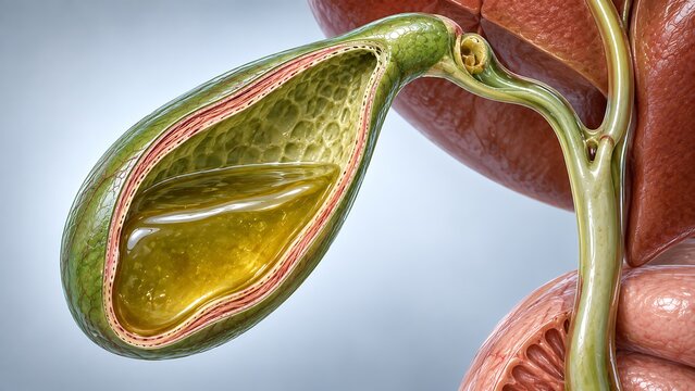 Gallbladder adenomyomatosis with thickened wall and bile-filled lumen