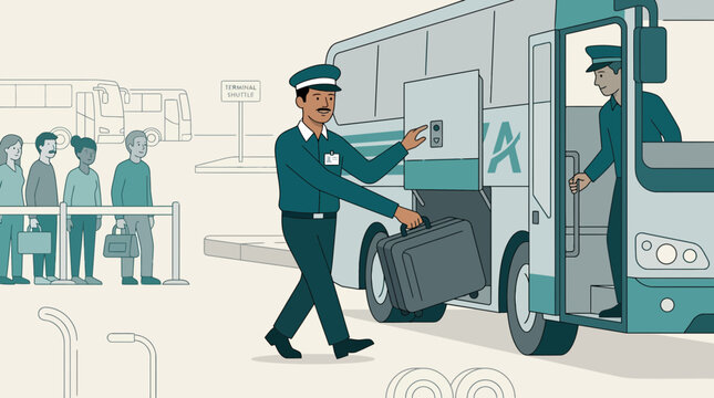 Bus Driver Loading Luggage onto Coach at Terminal with Passengers Waiting