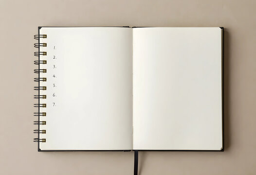 Goal setting and productivity, open spiral notebook with numbered list on blank pages for planning and personal development on a neutral background