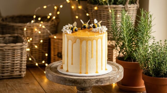 Homemade honey drip cake with edible bumblebee toppers, white flower decorations and rustic wooden stand for birthday celebration dessert