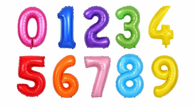 Bunte Folienballons in Form der Ziffern 0 bis 9 auf weissem Hintergrund