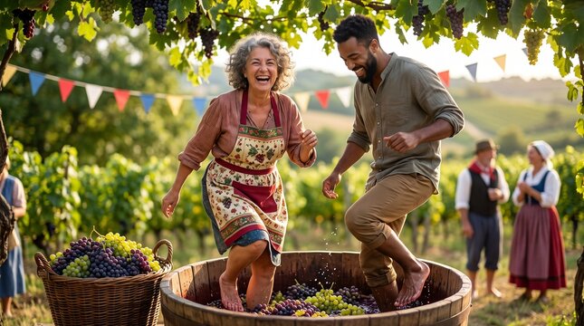 grape harvest festival celebration, Older woman and young man stomping grapes at vineyard harvest festival outdoors  