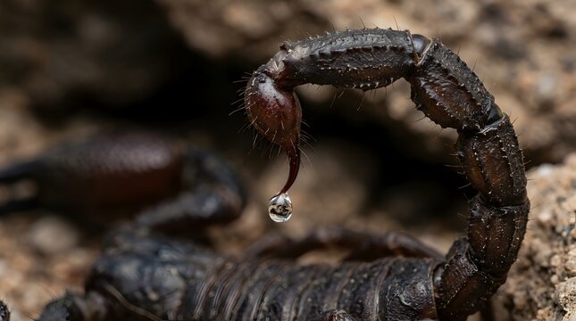 Dangerous Nocturnal Scorpion With A Clear Drop Of Liquid On Its Tail
