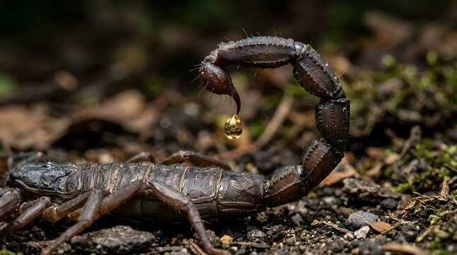A Venomous Dark Scorpion Displaying A Liquid Droplet On Its Sharp Stinger