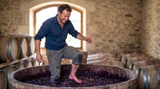 man crushing grapes by foot, Adult man crushing grapes by foot in rustic winery with wooden barrels