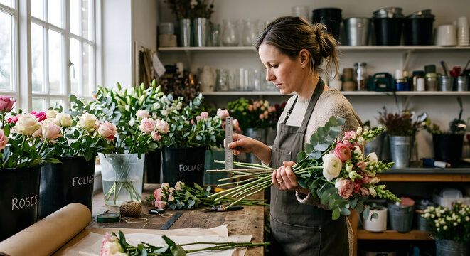 Commercial florist measuring fresh flower stems while preparing a wholesale order in a professional floral studio.