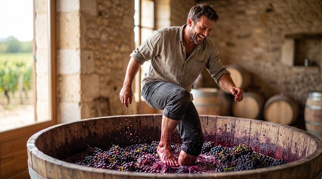 man crushing grapes by foot, Adult man crushing grapes with feet in rustic winery during harvest  