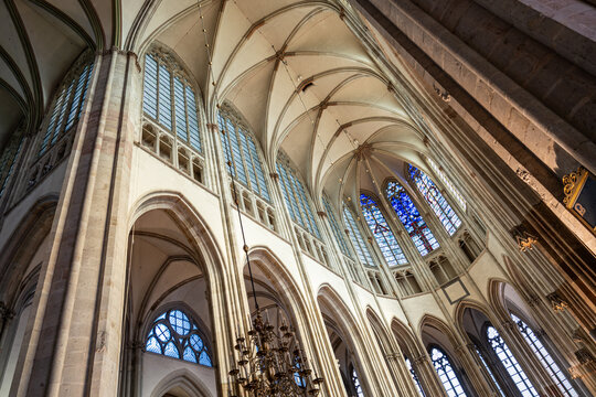 View in perspective of gothic structure inside medieval dutch church