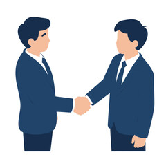 Fototapeta premium Two professional businessmen in blue suits shaking hands during a formal business meeting to seal a successful contract or partnership agreement in a clean minimalist vector illustration
