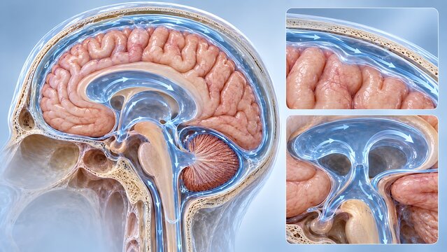 Cerebrospinal fluid circulation through brain ventricles and subarachnoid space