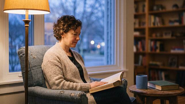 Bookshop window calm: reader unwinds at closing time