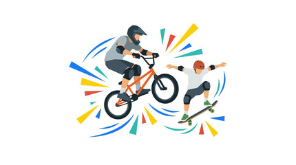 Fototapeta premium Extreme sports concept, BMX bicycle, skateboard, helmet, protective gear and energetic motion lines, clean flat vector, large negative space, copy space, commercial stock illustration, white backgroun