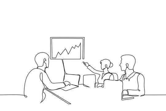 Team in a business meeting analyzing financial charts and data on screens, vector single line