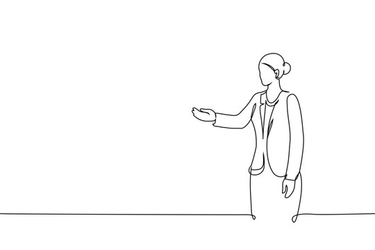 Minimalist continuous line drawing of a businesswoman in a suit gesturing with her hand, presenting or showing something. Copy Space