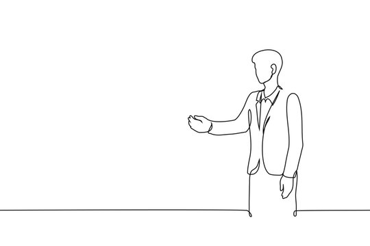 Minimalist continuous line drawing of a businessman in a suit gesturing with his hand, presenting or showing something. Copy Space