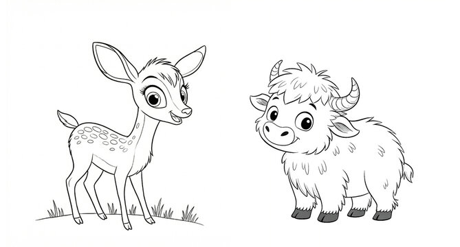 Cute cartoon baby yak and baby deer line art drawing for coloring book,animals,