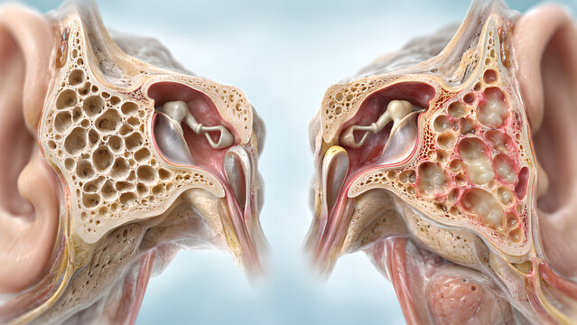 Mastoid Bone Normal Anatomy Versus Mastoiditis Comparison, Photorealistic Medical Illustration Showing Inflamed Air Cells for Otolaryngology, Radiology, Healthcare and Patient Education