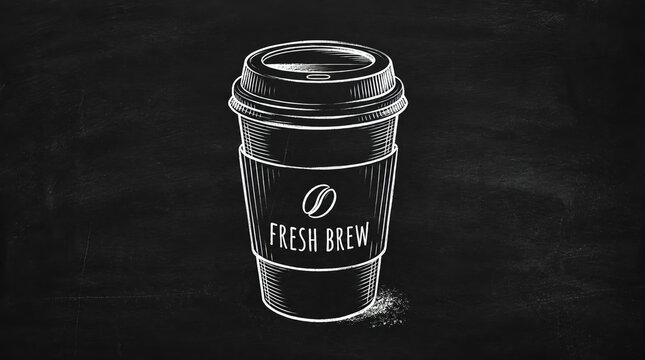 Chalkboard drawing of a disposable coffee cup with fresh brew text