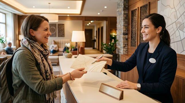 Female guest receiving map from receptionist at luxury hotel lobby