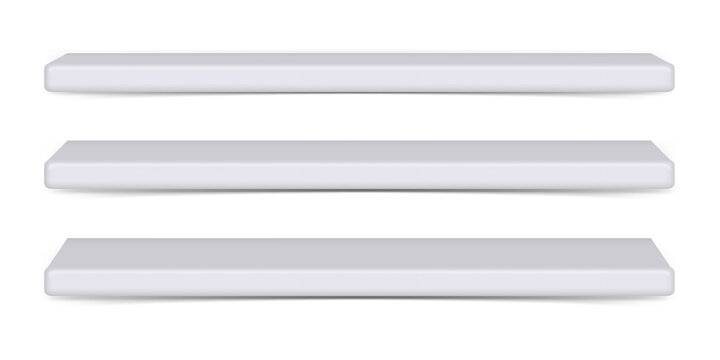 Three white floating shelves for home or office decor on transparent background