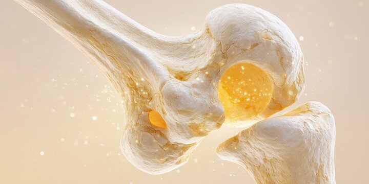3D medical illustration of a human hip joint showing the ball and socket anatomy with cartilage