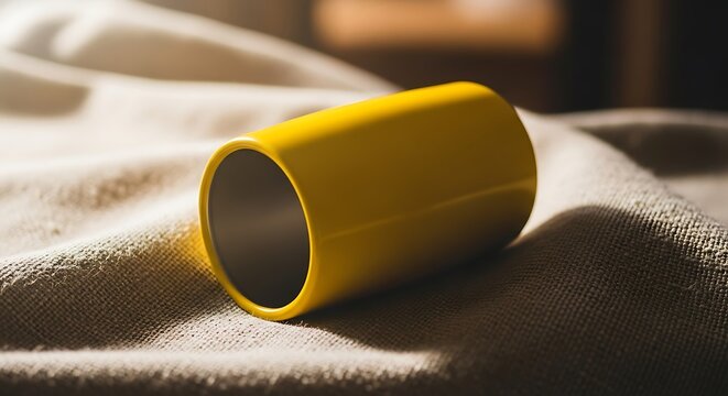 A single yellow cylindrical container resting on a soft beige fabric surface with gentle folds and dramatic lighting creating deep shadows