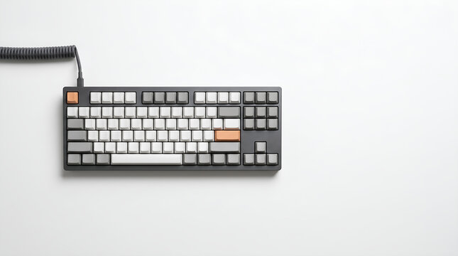 Top-down view of a dark grey mechanical keyboard featuring peach accent keycaps and a coiled cable against a plain white background.