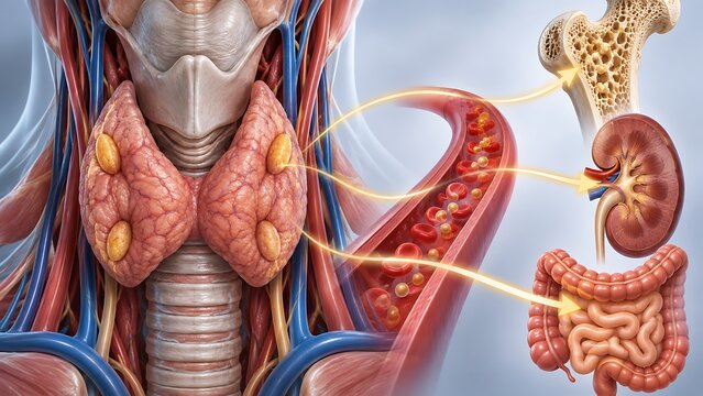 Hyperparathyroidism with effects on bones kidneys and digestive system