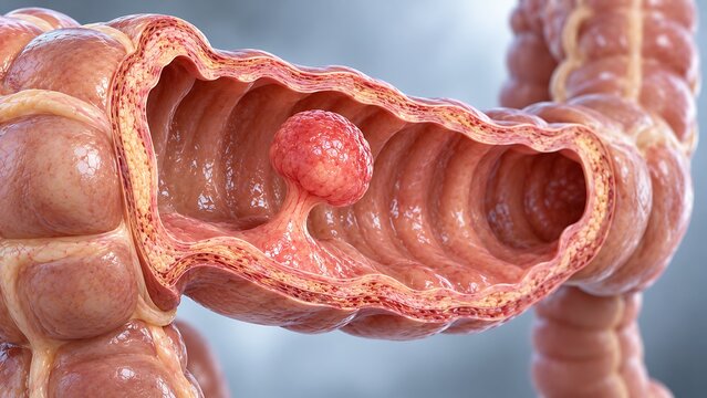 Colon polyp with abnormal growth in large intestine anatomy