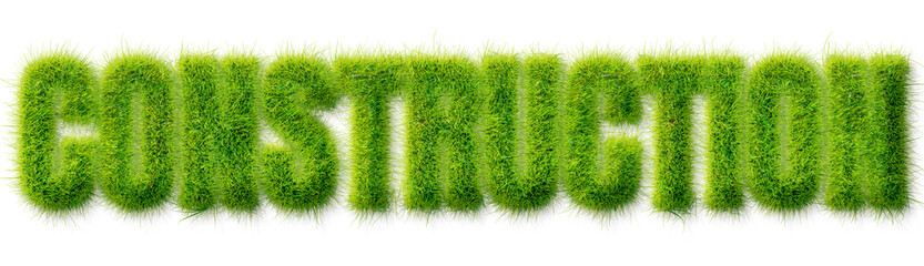 Construction word written in realistic green grass texture isolated on transparent background © Mahmud