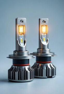 Automotive lighting and vehicle maintenance, modern led headlight bulbs for car repair and energy efficient transportation technology on a grey background