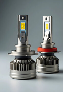 Automotive lighting technology and energy efficiency, modern led headlight bulbs for vehicle maintenance and car repair upgrades on a neutral background