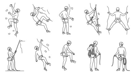 Fototapeta premium Rock climber ascending mountain wall line art set vector designs