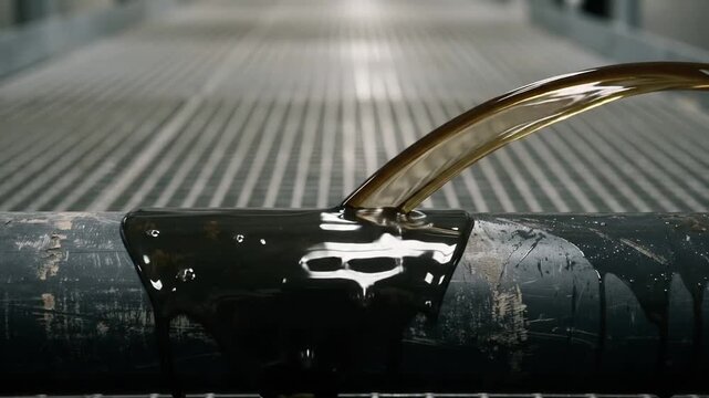 Dark grey scratched rigid horizontal plastic pipe spraying dark brown liquid digestate forcefully across the frame