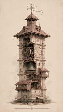 A detailed illustration of an old stone clock tower with exposed gears and a large bell sitting on a plain background in a vintage artistic style