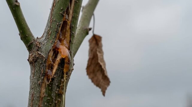 Thick green main plant stem oozing viscous sap from vertical splits caused by severe freeze expansion