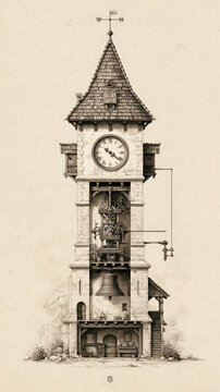 An intricate illustration of a vintage stone clock tower with visible internal gears and a large bell displayed on a textured paper background in a classic style