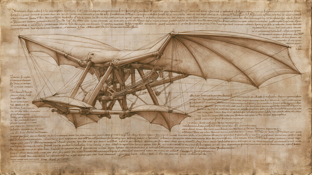 A detailed vintage technical sketch of a flying machine with spread wings drawn on old textured paper with handwritten notes in the background