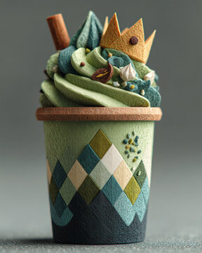 A papercraft beverages figure crafted in geometric origami style of green tea smoothie with whipped cream, isolated on white background