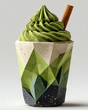 A papercraft beverages figure crafted in geometric origami style of green tea smoothie with whipped cream, isolated on white background