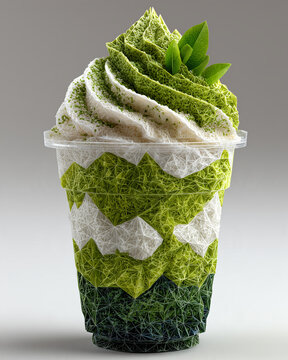 A papercraft beverages figure crafted in geometric origami style of green tea smoothie with whipped cream, isolated on white background