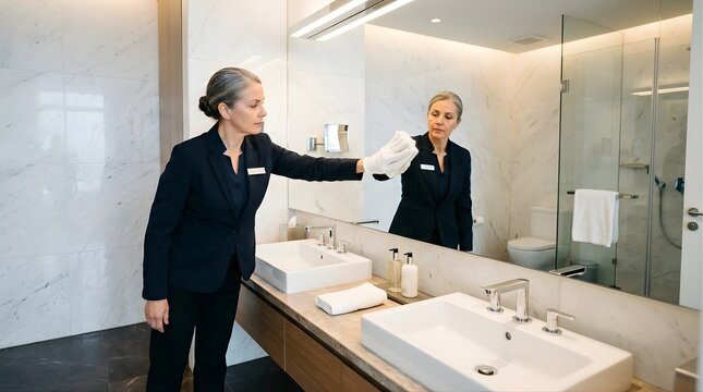 Professional hotel housekeeper cleaning a luxury marble bathroom mirror