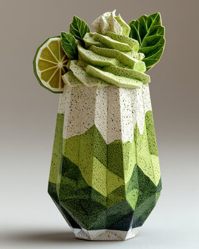 A papercraft beverages figure crafted in geometric origami style of green tea smoothie with whipped cream, isolated on white background